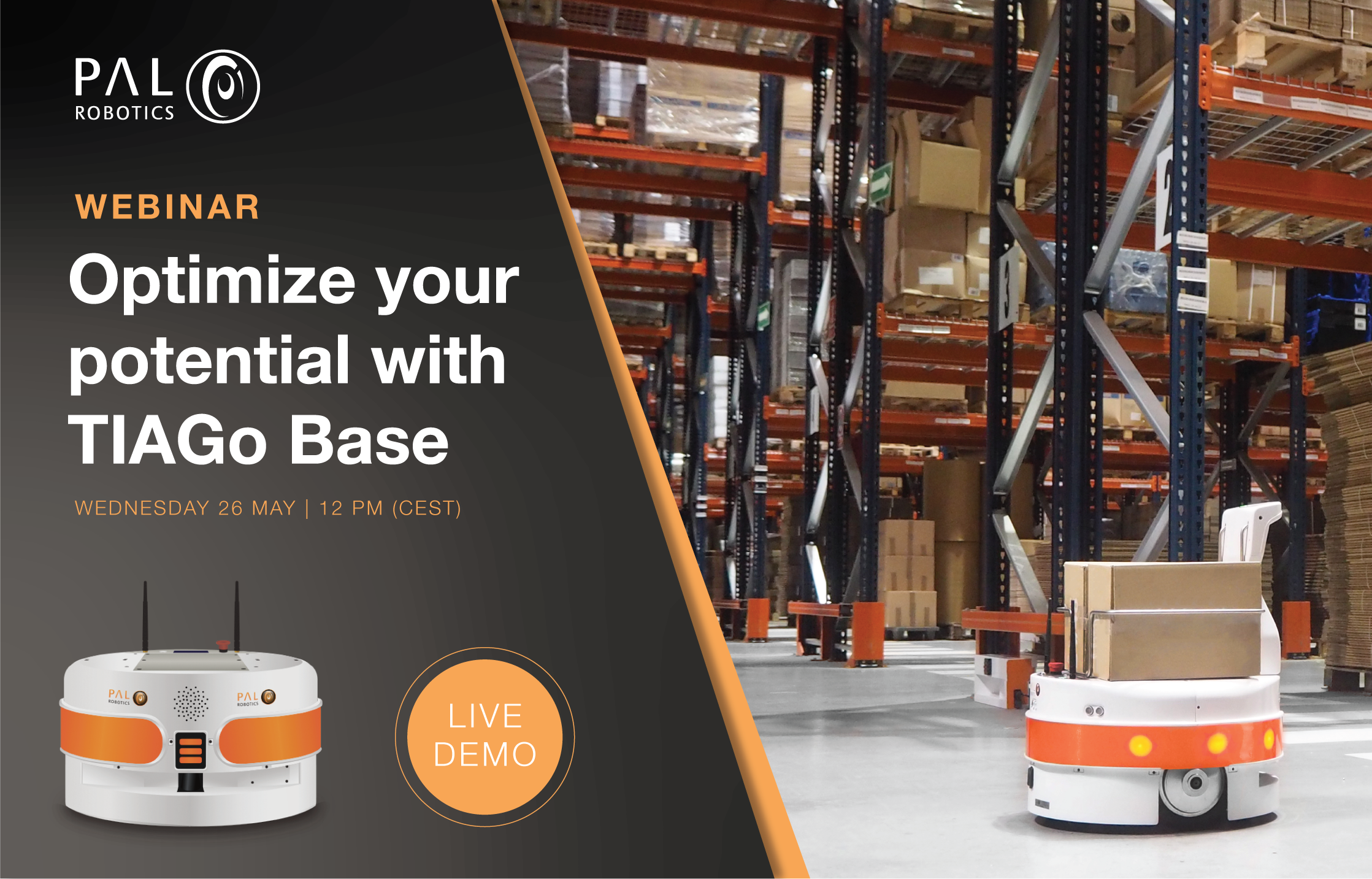 Optimize your potential with TIAGo Base webinar by PAL Robotics on autonomous mobile robots (AMR), intralogistics, and industry 4.0