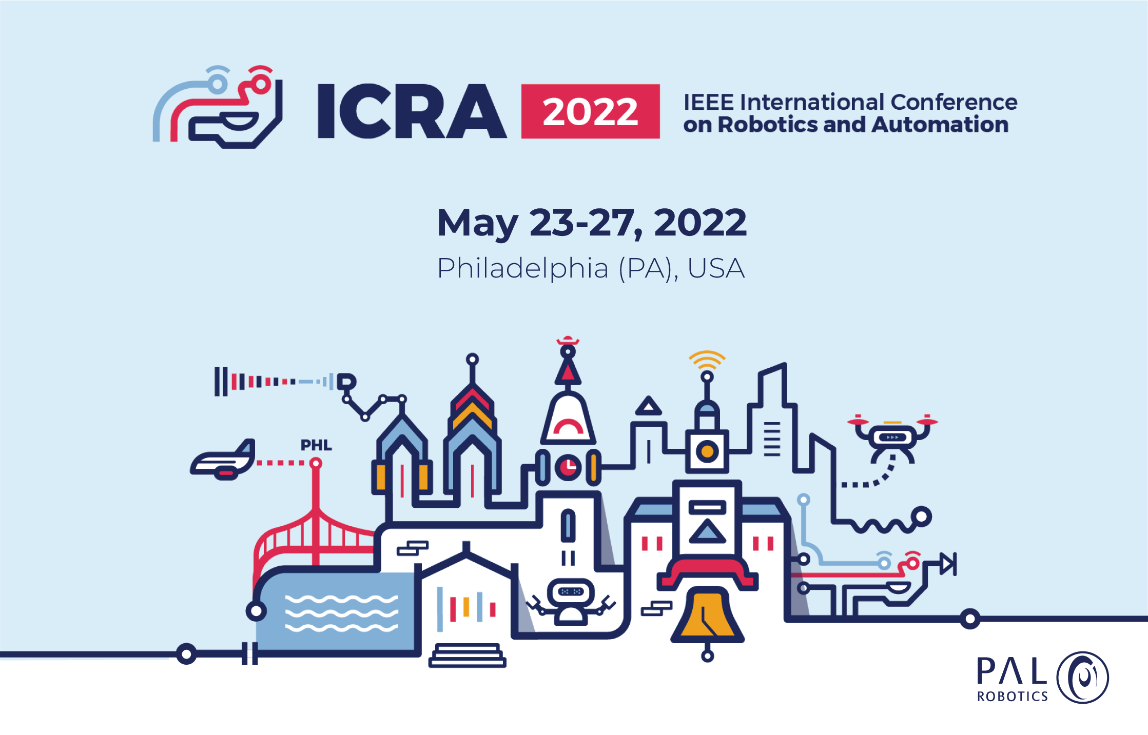 visual of the ICRA 2022 event, that icnlude the skyline of Philadelphia and PAL Robotics logo
