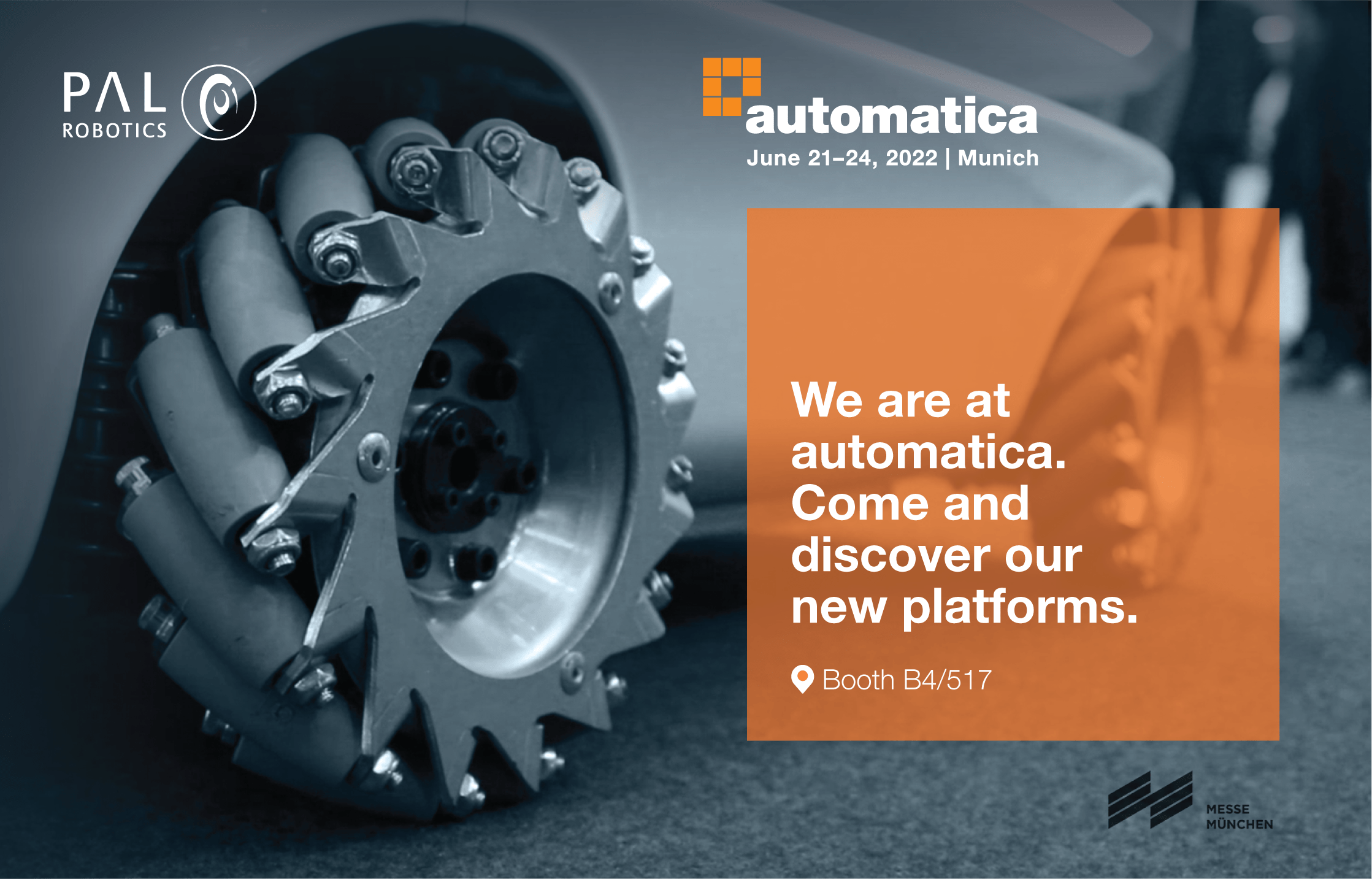 Banner about Automatica 2022 with an image of TIAGo OMNI Base Mecanum wheels