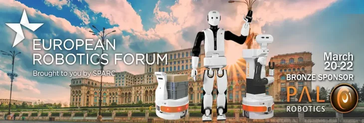 Banner of the European Robotics Forum 2019 with REEM-C, TIAGo, and TIAGo Base