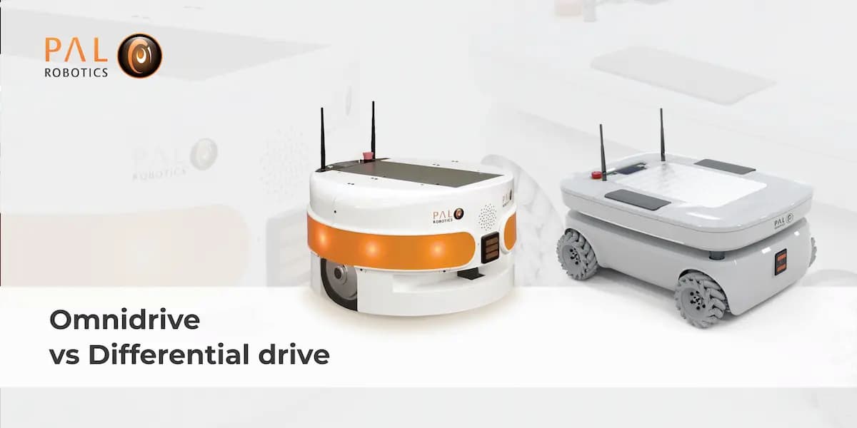 Two version of the autonomous mobile robot (AMR) TIAGo Base with omnidrive and differential drive respectively