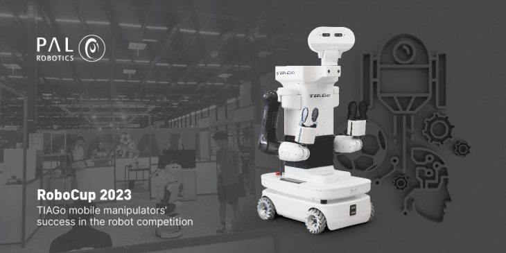 image of TIAGo OMNI + robot with a bakcground of RoboCup 2023 competition, where TIAGo robot is perform a task in @Home league