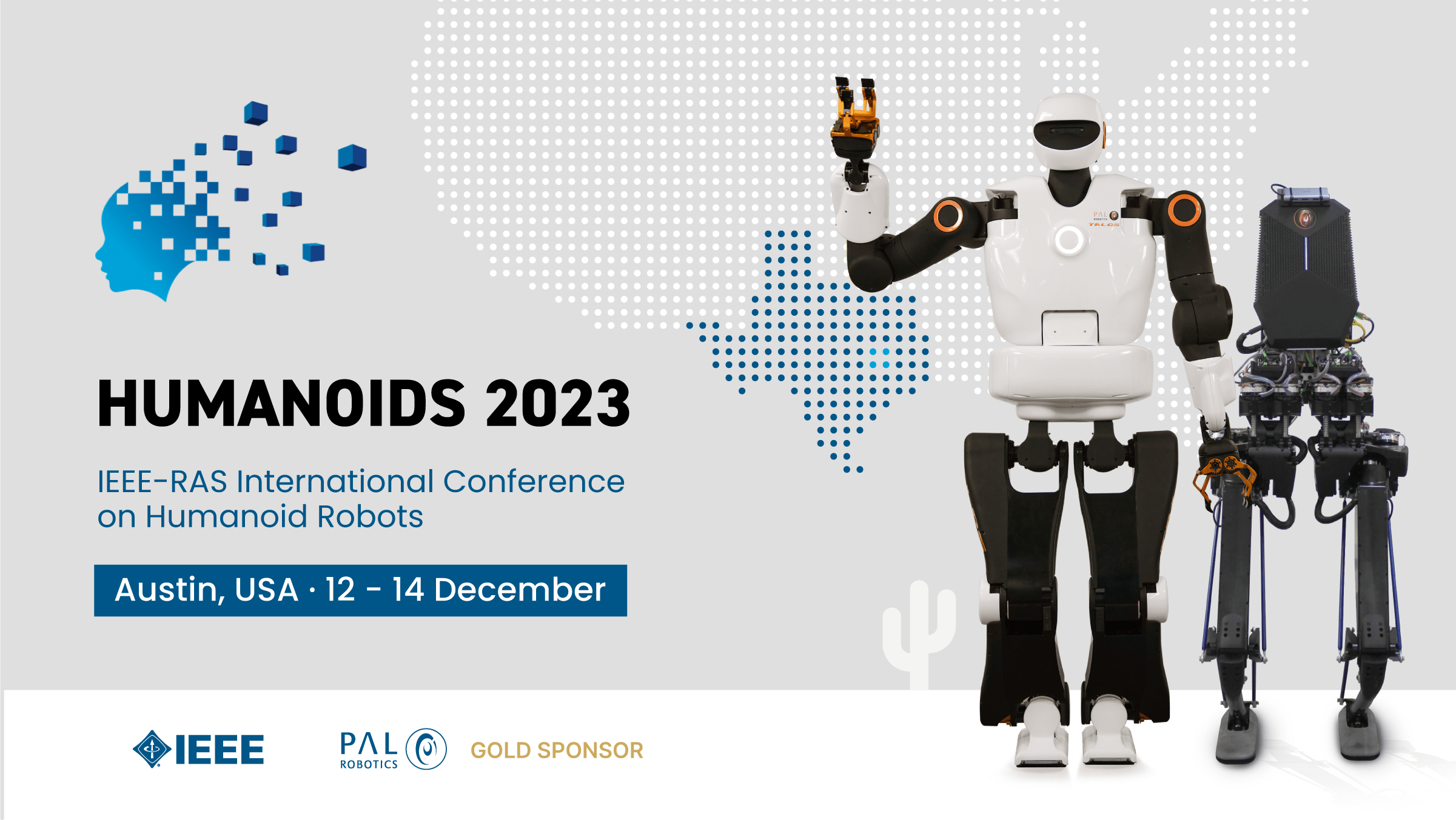 Humanoid robots TALOS and KANGAROO with information about attendance at the humanoids 2023 conference