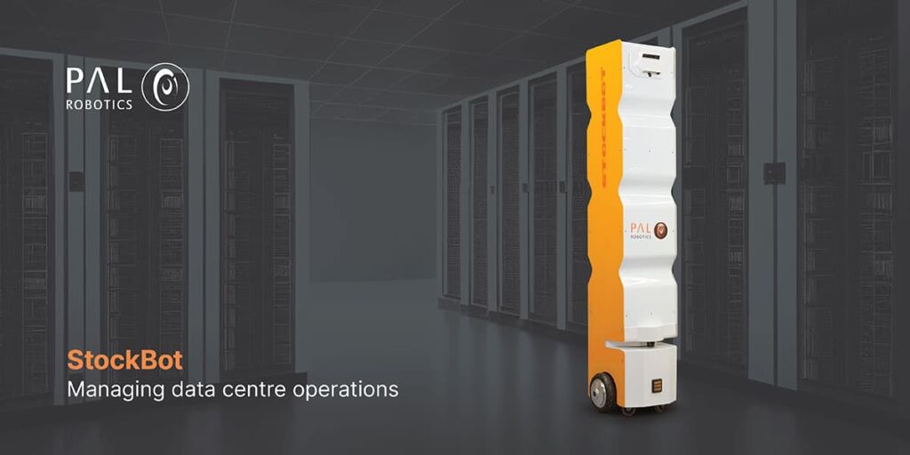 Banner image featuring StockBot amidst server racks in a data centre, utilizing RFID technology for efficient inventory management, with text overlay stating 'StockBot - Managing data centre operations