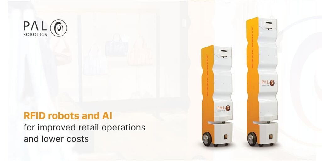 Banner image featuring two StockBots equipped with AI and RFID technology, navigating through a retail store. They are actively scanning and tracking inventory, with an overlay text saying 'RFID robots and AI for improved retail operations and lower costs', highlighting the integration of AI and RFID for enhanced inventory management, cost reduction, and operational efficiency.