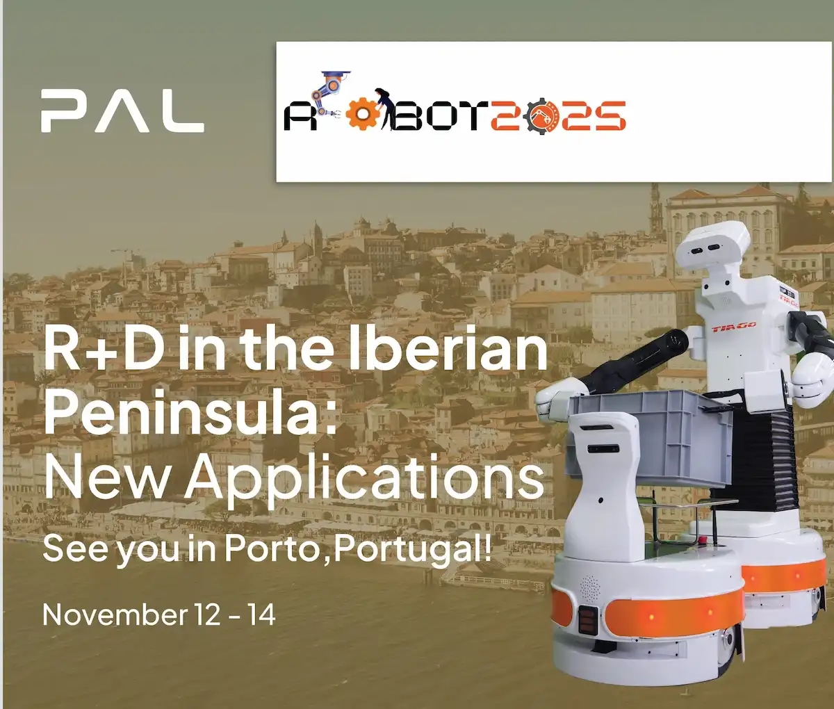The mobile manipulator robot TIAGo designed by PAL Robotics will participate in the 8th Iberian Robotics Conference (or ROBOT2025) in Porto from 11 to 12 November